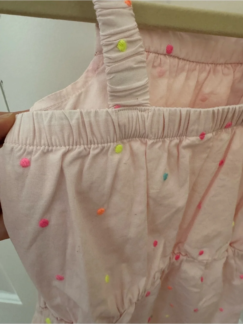 GAP Light Pink Pom-Pom Cotton Romper with Multicolor Dots